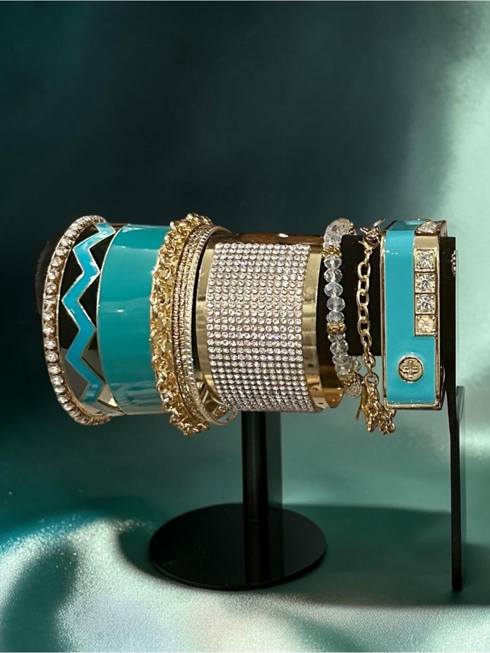 Turquoise Gold Bangle Stack Bracelet Set Rhinestone Enamel Boho Statement - Picture 3 of 7